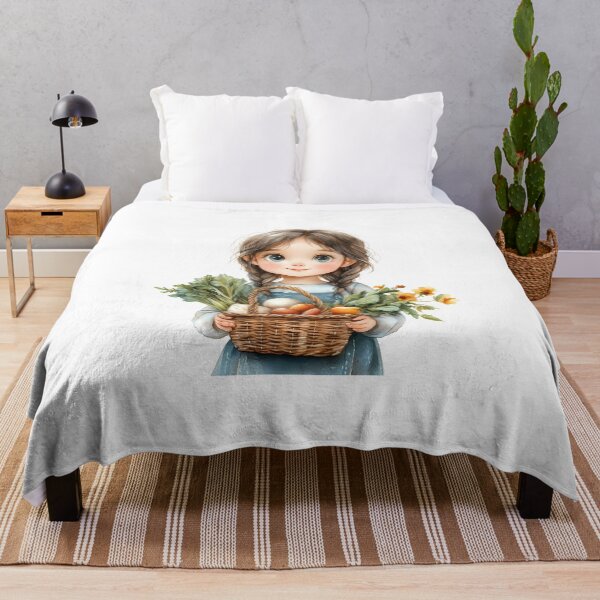 Item preview, Watercolor-style clip art of a cute young woman in a mint whisper-checked dress, lace headband, blending soft green tones. with flower and vegetables basket designed and sold by Jayjaynaenae.