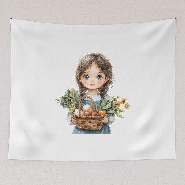 Item preview, Watercolor-style clip art of a cute young woman in a mint whisper-checked dress, lace headband, blending soft green tones. with flower and vegetables basket designed and sold by Jayjaynaenae.