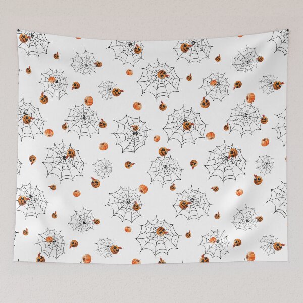 Item preview, Seamless pattern with black cobwebs and cute pumpkins with heads of cute freaks designed and sold by natalidesign.
