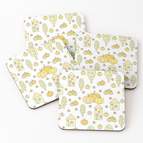 Item preview, Autumn idyllic composition - seamless pattern, houses, trees, ripe pumpkins in various shades.3 designed and sold by My-fake-places.