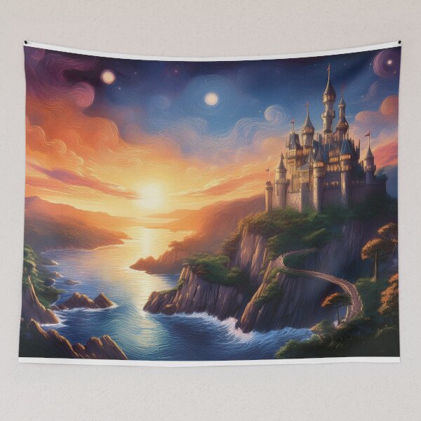 Item preview, A majestic fantasy castle perched on a cliffside overlooking a mystical ocean designed and sold by DiNata.