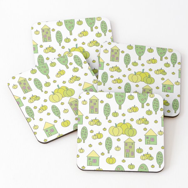 Item preview, Autumn idyllic composition - seamless pattern, houses, trees, ripe pumpkins in various shades.14 designed and sold by My-fake-places.