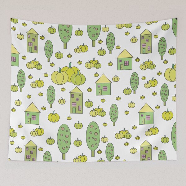 Item preview, Autumn idyllic composition - seamless pattern, houses, trees, ripe pumpkins in various shades.14 designed and sold by My-fake-places.