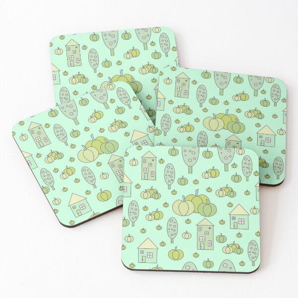 Item preview, Autumn idyllic composition - seamless pattern, houses, trees, ripe pumpkins in various shades.10 designed and sold by My-fake-places.