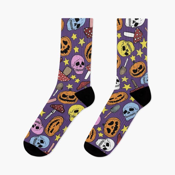 Item preview, Retro Cartoon Halloween Pumpkins, Skulls, Mushrooms and Stars Purple Background designed and sold by Carlo-Atzei.