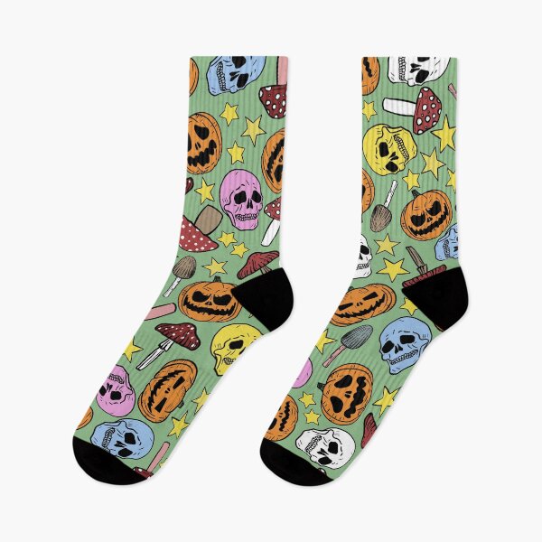 Item preview, Retro Cartoon Halloween Pumpkins, Skulls, Mushrooms and Stars Green Background designed and sold by Carlo-Atzei.