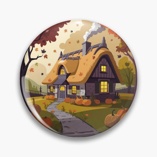 Item preview, Cozy Autumn Cottage – Warm Fall Scene with Pumpkins and Falling Leaves designed and sold by pnidesign.