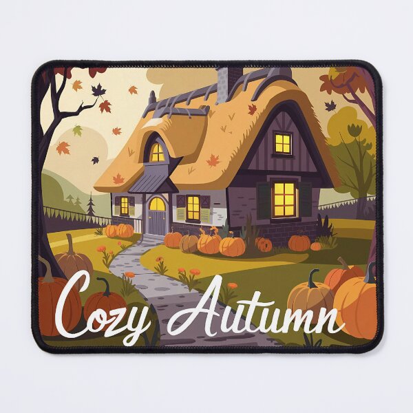 Item preview, Cozy Autumn Cottage – Warm Fall Scene with Pumpkins and Falling Leaves designed and sold by pnidesign.