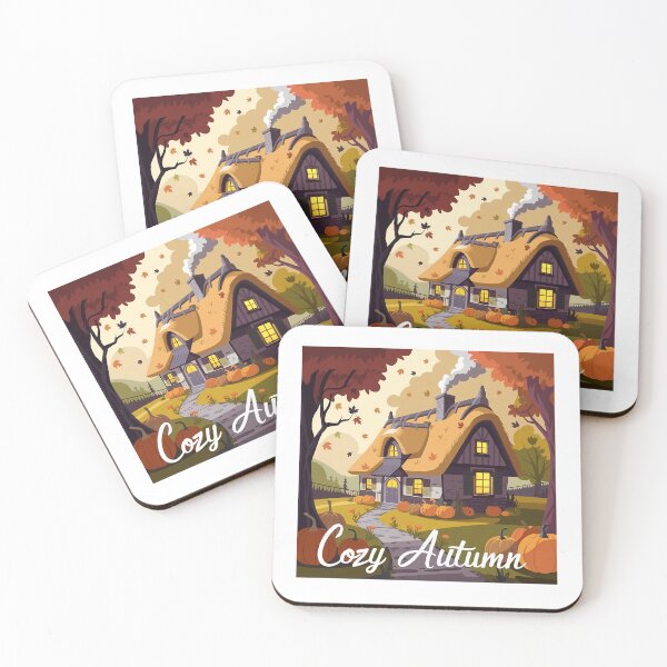 Item preview, Cozy Autumn Cottage – Warm Fall Scene with Pumpkins and Falling Leaves designed and sold by pnidesign.