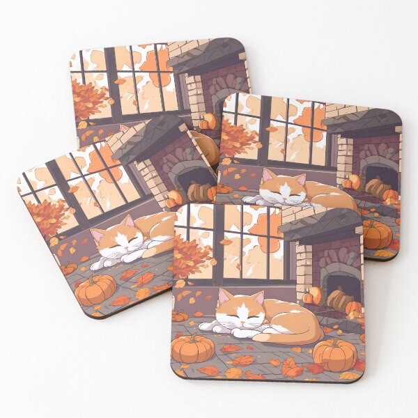 Item preview, Cozy Autumn Night – Cat by the Fireplace with Pumpkins designed and sold by Stefiivn.