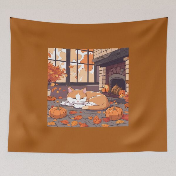 Item preview, Cozy Autumn Night – Cat by the Fireplace with Pumpkins designed and sold by Stefiivn.