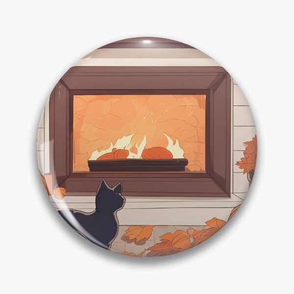 Item preview, Autumn Glow – Cat Relaxing by the Fire and Pumpkins designed and sold by Stefiivn.