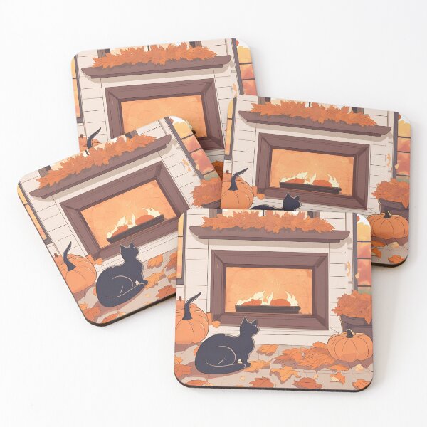 Item preview, Autumn Glow – Cat Relaxing by the Fire and Pumpkins designed and sold by Stefiivn.