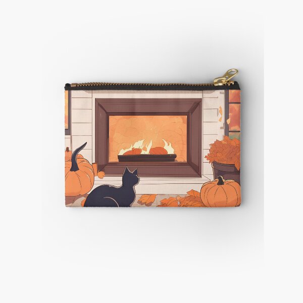 Item preview, Autumn Glow – Cat Relaxing by the Fire and Pumpkins designed and sold by Stefiivn.