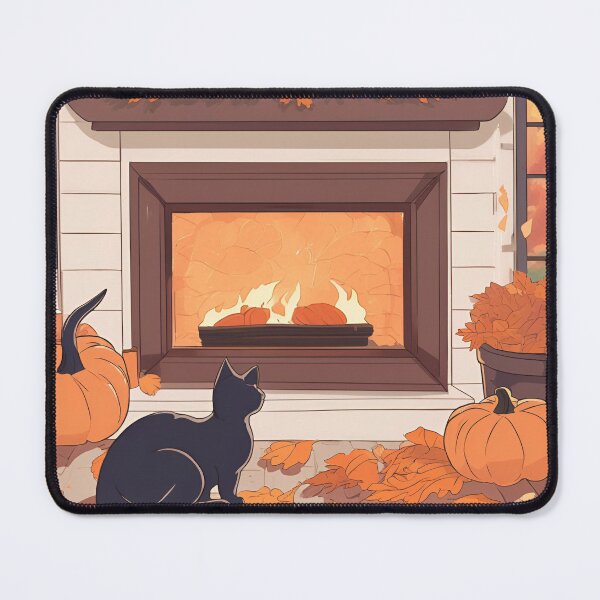 Item preview, Autumn Glow – Cat Relaxing by the Fire and Pumpkins designed and sold by Stefiivn.