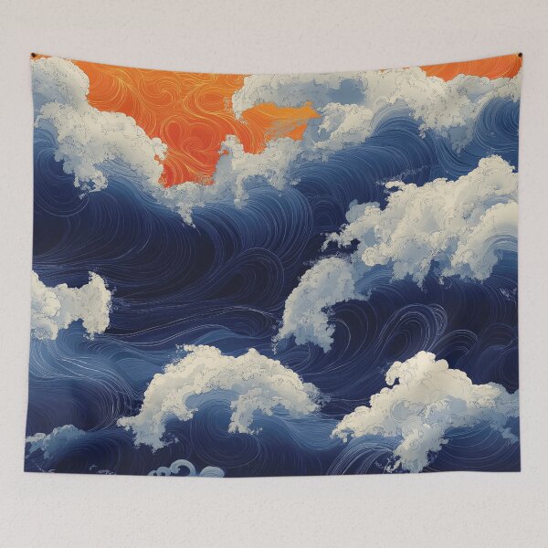 Item preview, A design depicts a dramatic scene of waves crashing against a fiery sunset. designed and sold by HEMRO.