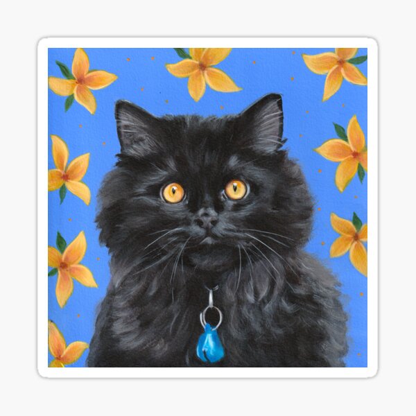Black Fluffy Cat with Flowers Sticker