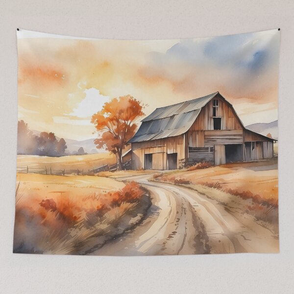 Item preview, Old Barn Watercolor Painting | Artwork of Old Weathered Barn Set In Beautiful Autumn Countryside Landscape designed and sold by NIKOLAY GACHEV.