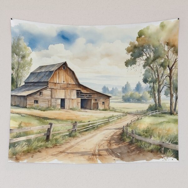 Item preview, Old Barn Watercolor Painting | Painting of an Old Weathered Barn Set In Beautiful Summer Countryside Landscape designed and sold by NIKOLAY GACHEV.