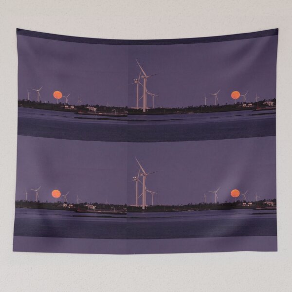 Item preview, A view of the Chuseok full moon hanging over the windmill blades of Jeju Island wind power generators, east of Jeju, Korea. designed and sold by human8891.