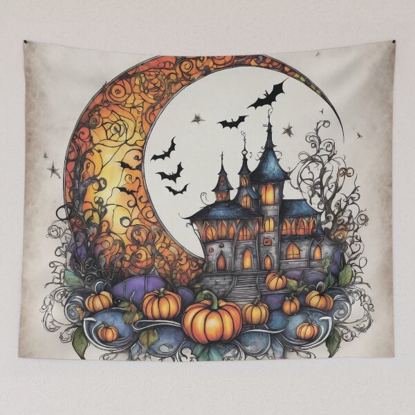 Item preview, Scary castle, moon and pumpkins. designed and sold by MagelliShop.