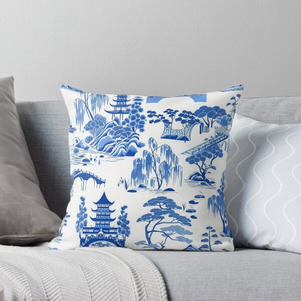 Item preview, Chinoiserie blue and white vintage Chinese pagoda pattern designed and sold by CyberPunk2088.