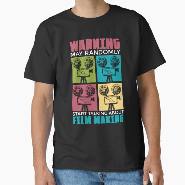 Vista previa del artículo con la obra «Advertencia sobre la realización de películas: puede iniciar una película de cine al azar», diseñado y vendido por tshirtconcepts.