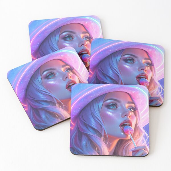 Item preview, Art neon girl woman with a lollipop in a hat in pink purple shades designed and sold by Yunasak.