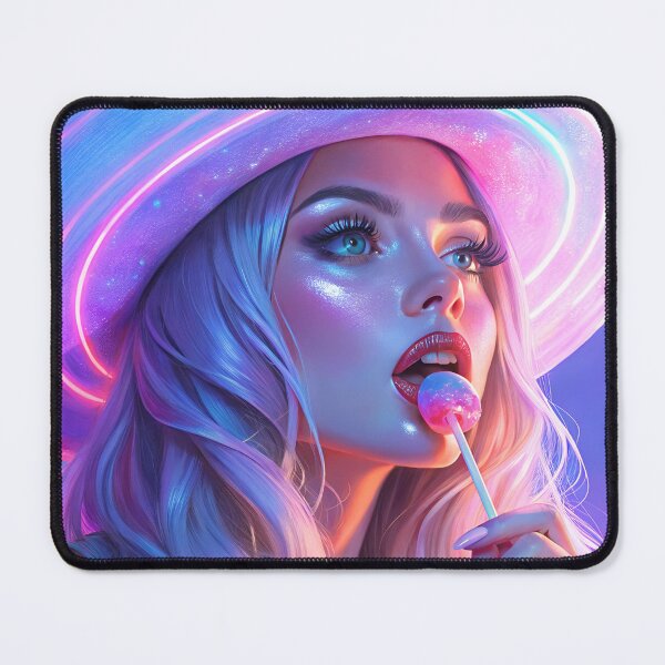 Item preview, Art neon girl woman with a lollipop in a hat in pink purple shades designed and sold by Yunasak.