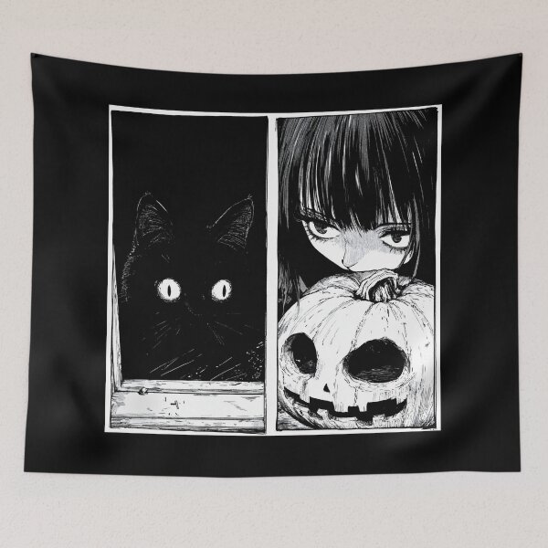 Item preview, Feline Secrets in the Lantern’s Glow – black and white melancholic anime manga girl designed and sold by ForsakenFrames.