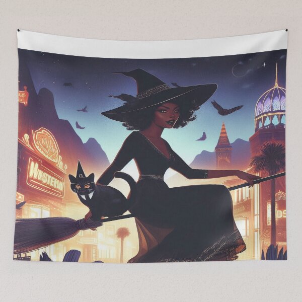 Item preview, Ebony witch flying on broomstick with tuxedo cat 0916 designed and sold by Aqualung1971.
