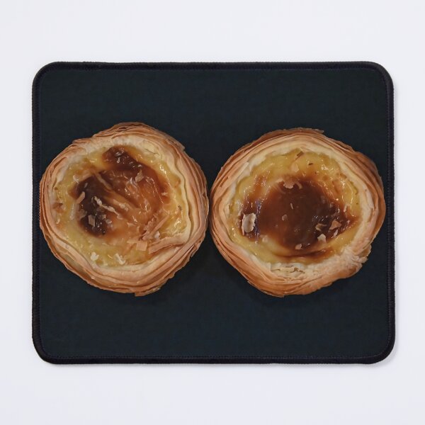 Item preview, Two baked egg tarts with a dark background designed and sold by dabingboshi.