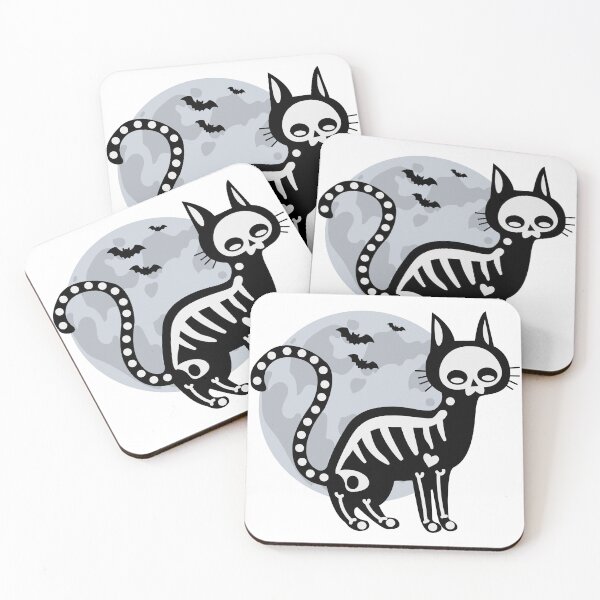 Item preview, Black cat with a skeleton behind him Moon and bats designed and sold by BellaRoxiell.