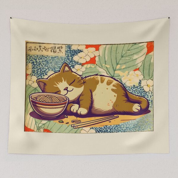 Item preview, Funny Anime Cute Cat sleeping with Ramen Japanese Noodles Vintage designed and sold by Colorfulman.