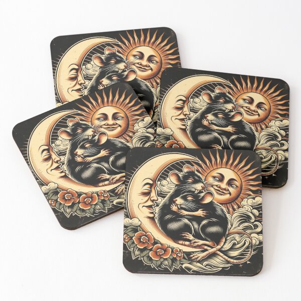Item preview, Old school style two rats lovingly hugging beneath the cosmic balance of the sun and moon designed and sold by thebennington12.