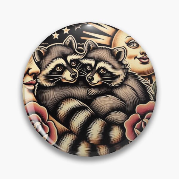 Item preview, Old school style two raccoons lovingly hugging beneath the cosmic balance of the sun and moon designed and sold by thebennington12.