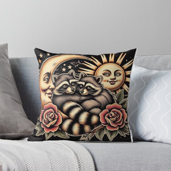 Item preview, Old school style two raccoons lovingly hugging beneath the cosmic balance of the sun and moon designed and sold by thebennington12.