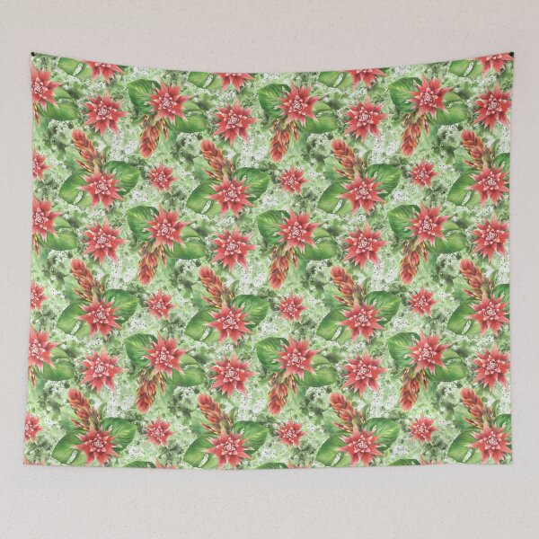 Item preview, Watercolor Tropic red flowers and green leaves on aquarelle splashes background. Summer pattern hand drawn designed and sold by BartolArt.