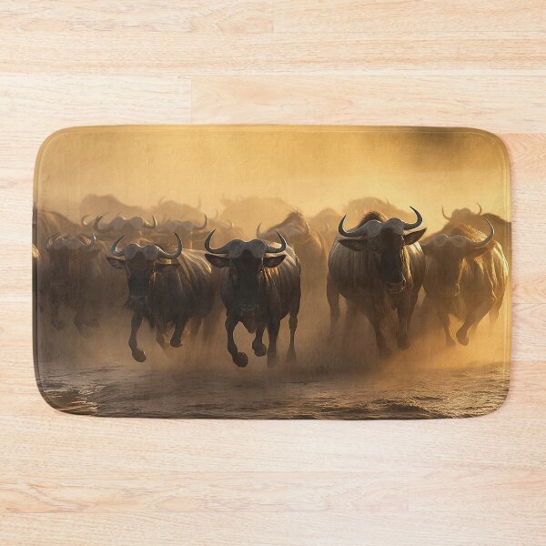 Item preview, Wildebeests herd running through lake at sunrise - Wildlife photo designed and sold by TheArtistOf2022.
