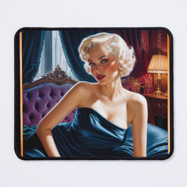 Item preview, Seductive Platinum Blonde Pin Up Girl In Satin Blue Dress Stunning AI Concept Art by Xzendor7 designed and sold by Xzendor7 Digital Art Creations.