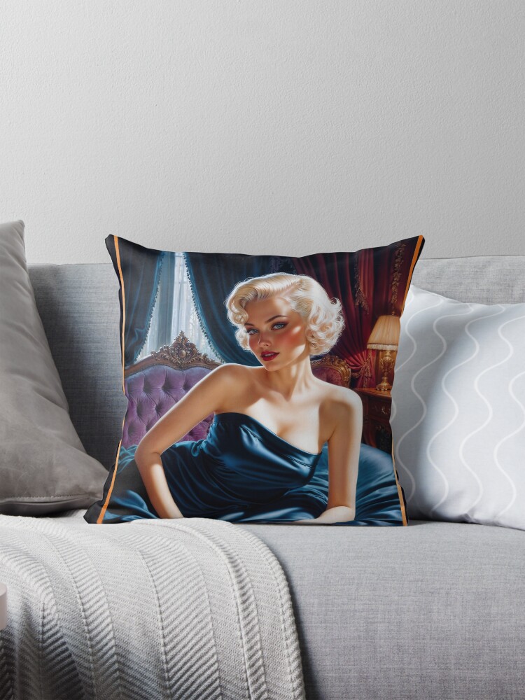 Seductive Platinum Blonde Pin Up Girl In Satin Blue Dress AI Concept Art by Xzendor7 - Her Beauty Glows Eternal 4 Seductive Platinum Blonde Pin Up Girl In Satin Blue Dress Stunning AI Concept Art by Xzendor7 Decorative Art Print Throw Pillow