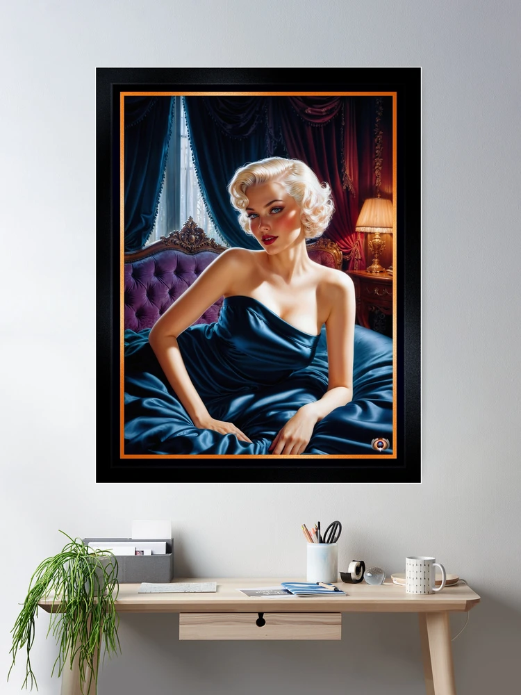 Seductive Platinum Blonde Pin Up Girl In Satin Blue Dress AI Concept Art by Xzendor7 - Her Beauty Glows Eternal 2 Seductive Platinum Blonde Pin Up Girl In Satin Blue Dress Stunning AI Concept Art by Xzendor7 Wall Decor Poster Art Print