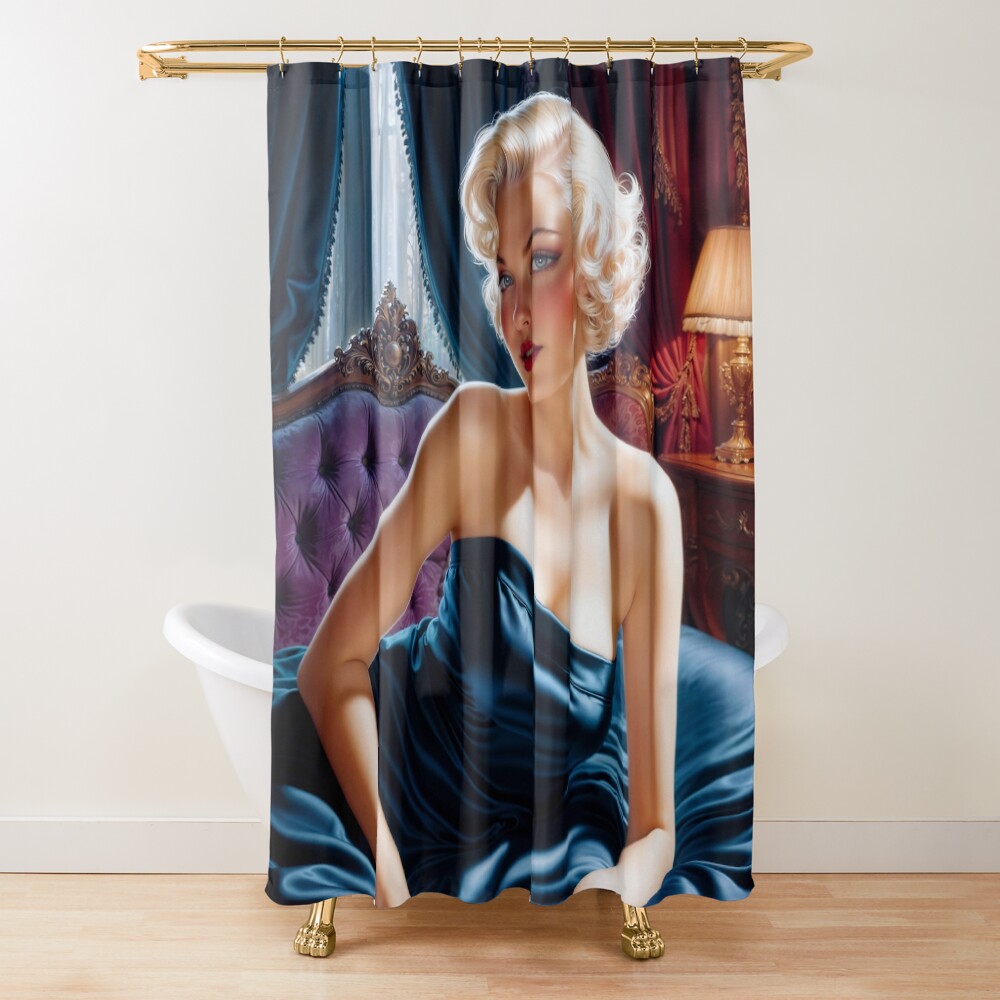 Seductive Platinum Blonde Pin Up Girl In Satin Blue Dress AI Concept Art by Xzendor7 - Her Beauty Glows Eternal 3 Seductive Platinum Blonde Pin Up Girl In Satin Blue Dress Stunning AI Concept Art by Xzendor7 Decorative Art Print Shower Curtain