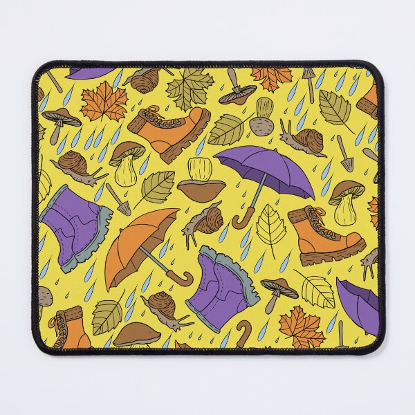 Item preview, Retro Cartoon Rainy Day with Boots, Umbrellas, Mushrooms, Leaves and Snails Yellow Background designed and sold by Carlo-Atzei.