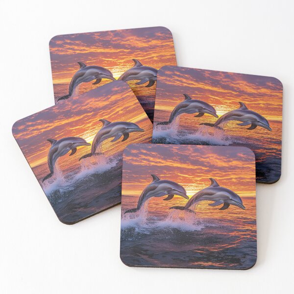 Item preview, Two dolphins jumping out of sea at sunset - Wildlife photo designed and sold by TheArtistOf2022.