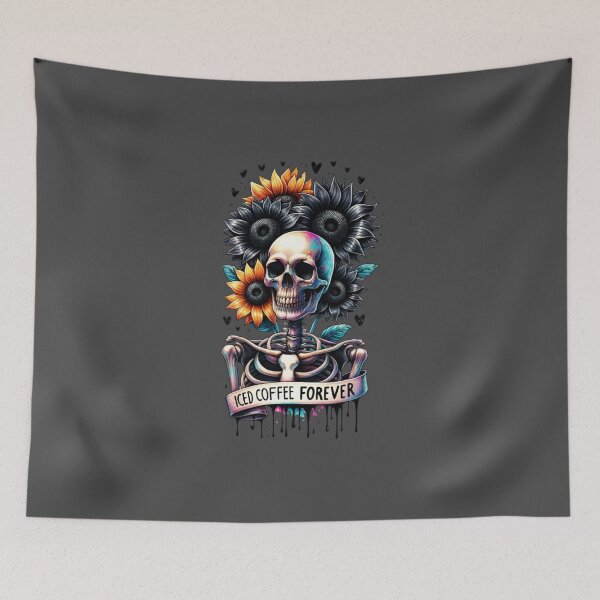 Item preview, Iced Coffee Forever – Skeleton with Sunflowers & Sarcastic Coffee Design for T-Shirts, Mugs, Stickers & More designed and sold by artedigital99.