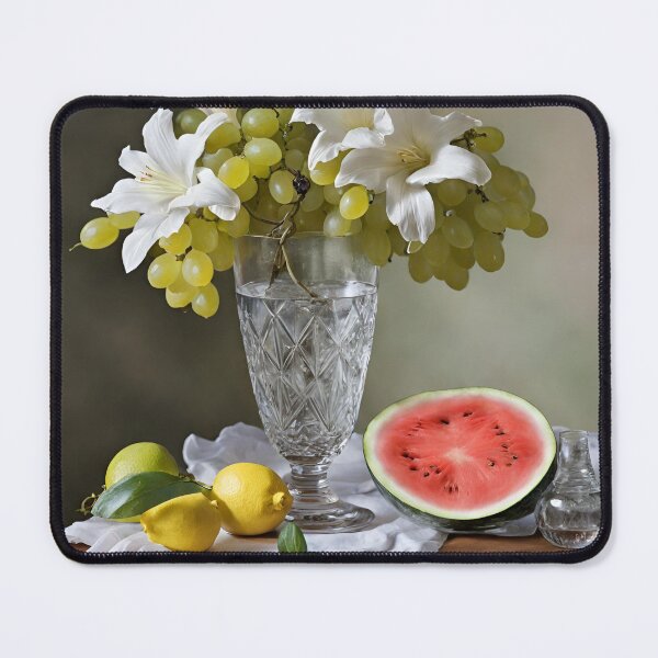 Item preview, STILL LIFE WITH GRAPES, LEMONS, WATERMELON AND WHITE FLOWERS WITH A FRENCH GLASS VASE ON A CLOTH AND WOODEN TABLE designed and sold by VibeCreate.