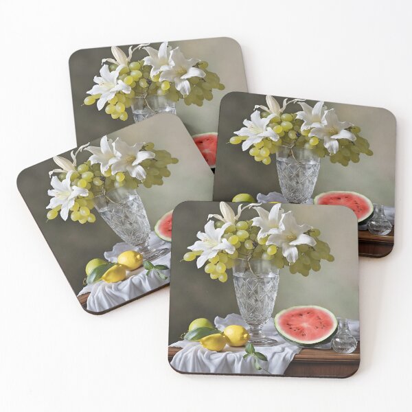 Item preview, STILL LIFE WITH GRAPES, LEMONS, WATERMELON AND WHITE FLOWERS WITH A FRENCH GLASS VASE ON A CLOTH AND WOODEN TABLE designed and sold by VibeCreate.