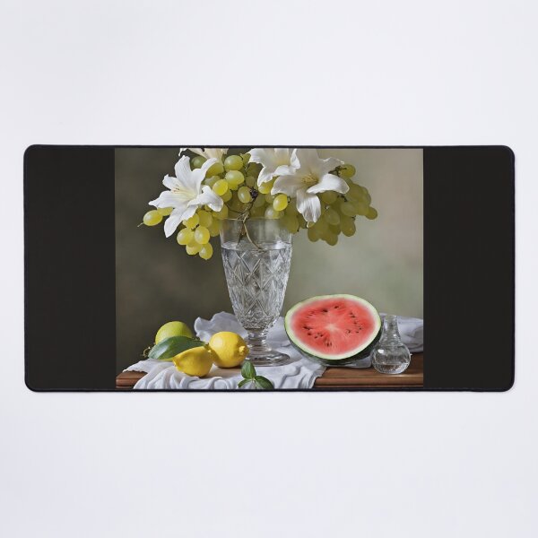 Item preview, STILL LIFE WITH GRAPES, LEMONS, WATERMELON AND WHITE FLOWERS WITH A FRENCH GLASS VASE ON A CLOTH AND WOODEN TABLE designed and sold by VibeCreate.