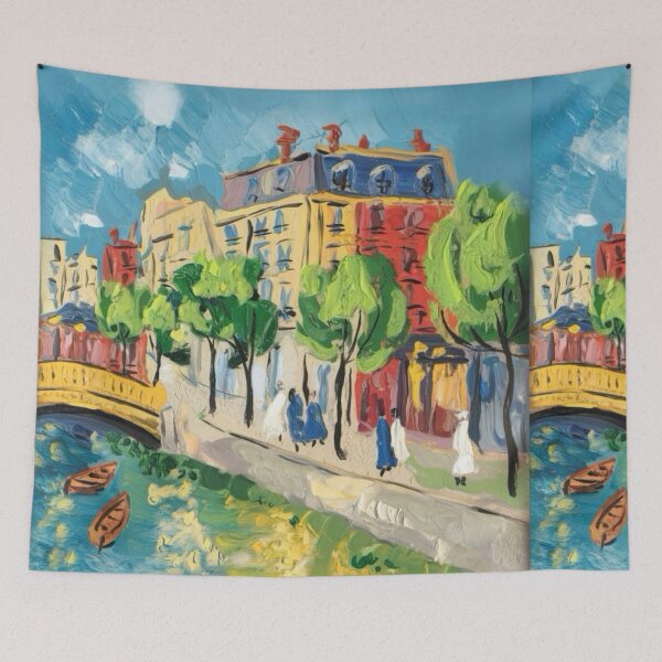 Item preview, Parisian Charm – Colorful Street Scene Art by the Canal. Art by Carraann  designed and sold by CARRAANN.